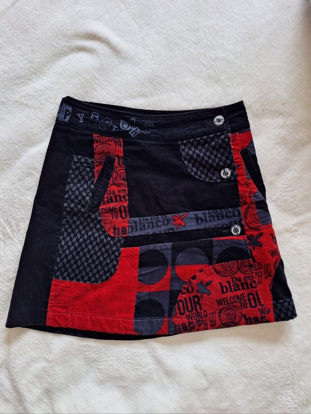DESIGUAL Rare Vintage Corduroy Patchwork Red Black Mini Skirt Size S